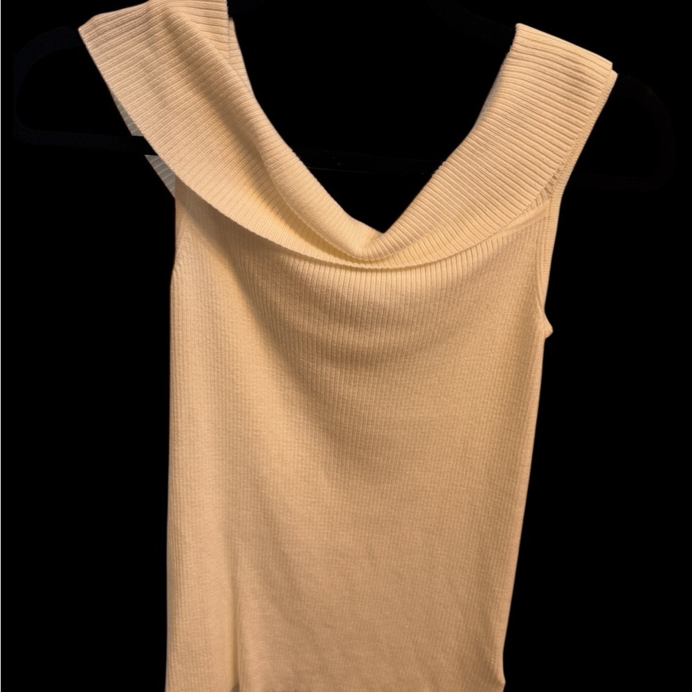 White Ribbed Cowl Neck Top M - Picture 2 of 3
